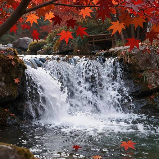 Autumn Waterfall with Red Maple Tree