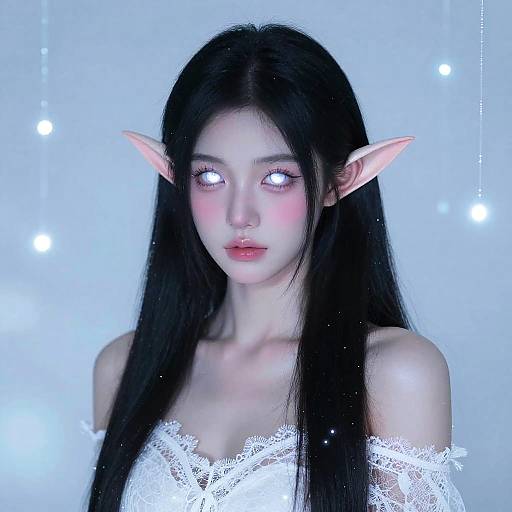 Digital artwork of a pale-skinned, elf-like woman with glowing white eyes, long black hair, and large pointed ears, wearing a white lace off