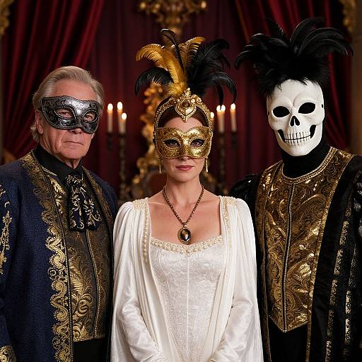 Photograph of three costumed individuals in opulent, baroque attire: an elderly man and a skeleton in black and gold, and a woman in