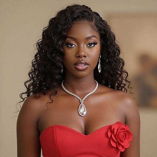 Curly Black-Haired Woman in Red Dress