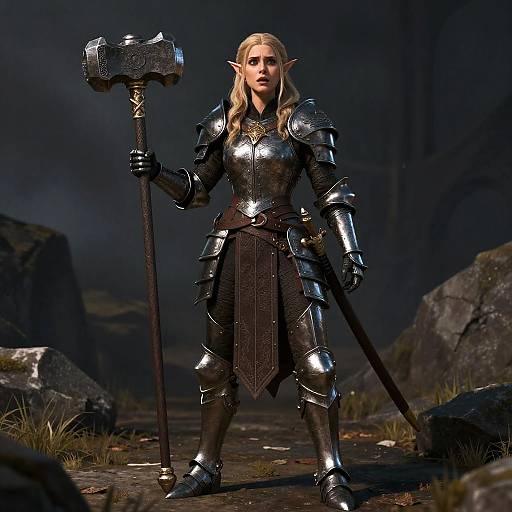 Digital fantasy artwork of a blonde elf warrior in shiny silver armor, holding a large, ornate hammer, standing in a dark, rocky landscape.