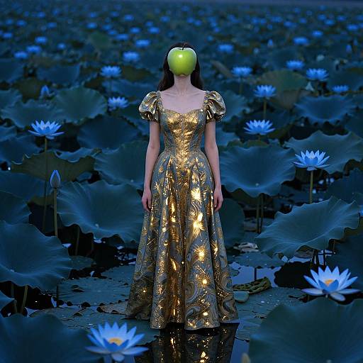 Photograph of a woman in a gold, patterned dress with a green apple for a head, standing in a dark blue lily pond with glowing