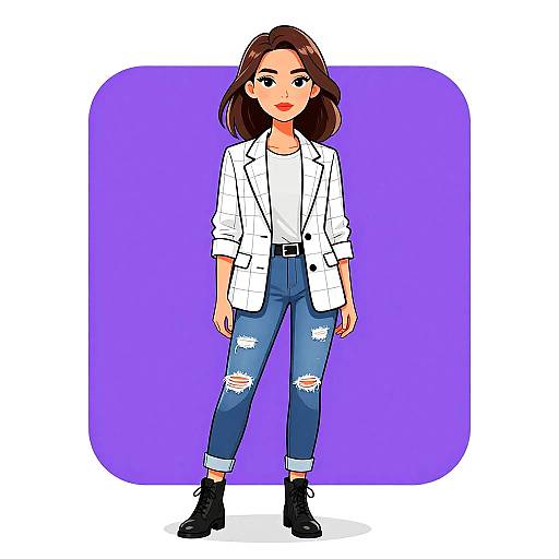 Digital drawing of a cute woman with brown hair, wearing a white blazer, white shirt, ripped blue jeans, and black boots, standing against a