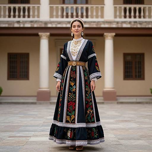 Photograph of a woman in traditional, ornately embroidered black dress with white lace, gold belt, standing in front of colonial-style building with white columns