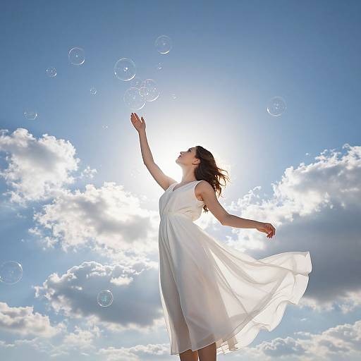 Photograph of a woman in a white, flowing dress, arms raised, surrounded by bubbles, under a bright blue sky with sunlit clouds.
