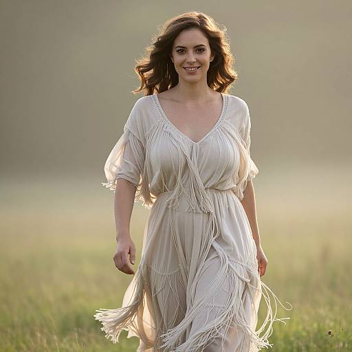 Photograph of a smiling woman with wavy brown hair, wearing a flowing, white, fringe-trimmed dress, walking in a sunlit me