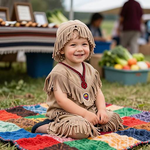 Photograph of a smiling baby in a beige fringe outfit, sitting on a colorful crochet blanket at an outdoor market.