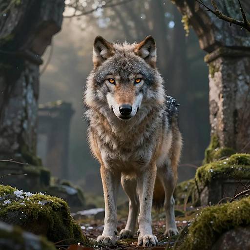 Fierce Silver Wolf in Mossy Forest Ruins