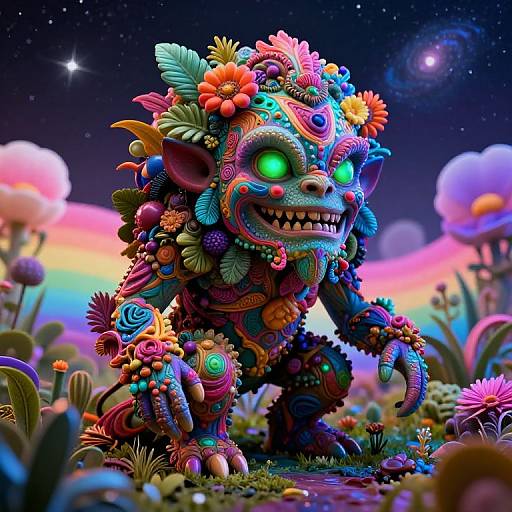 Vibrant, surreal digital artwork of a colorful, flower-covered, green-eyed, monstrous creature with sharp teeth, standing in a psychedelic, starry