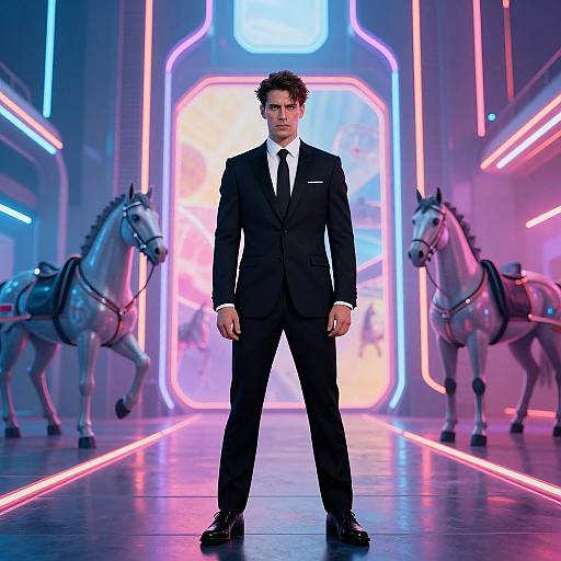 Photograph of a serious man in a black suit, white shirt, and black tie, standing in a neon-lit room with two robotic horses on