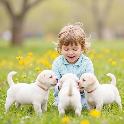 Photograph of a smiling young girl with brown hair, wearing a light blue shirt, playing with three white puppies in a sunny, grassy field with