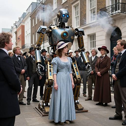 Photograph of Victorian-era people in formal attire, surrounding a glowing blue-eyed, steam-puffing robot, with a woman in a blue dress and