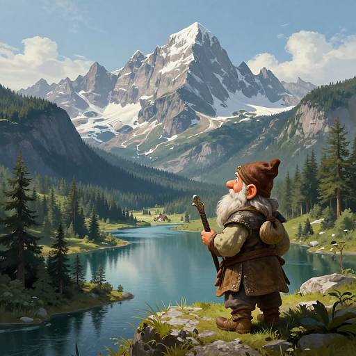 Digital painting of a bearded gnome with brown hat, fur cloak, and sword, standing on a grassy hill overlooking a serene mountain lake and snow