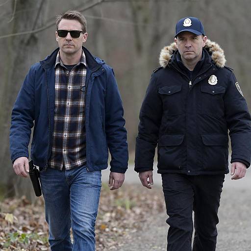 Two Men Walking in Forest with Police Attire