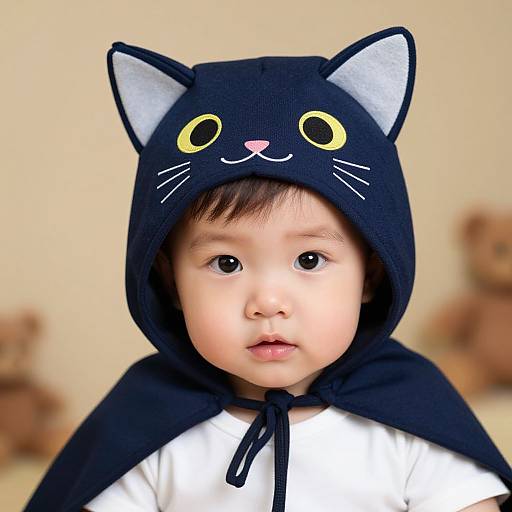 Photograph of a cute Asian baby with fair skin, wearing a black cat hood with yellow eyes and white ears, and a matching cape over a white