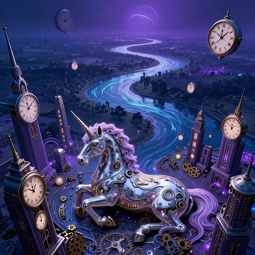 Digital artwork of a glowing, metallic unicorn with purple mane, surrounded by floating clocks, on a winding blue river, under a moonlit, clock-t