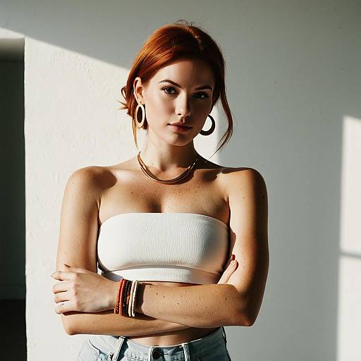 Woman in White Bandeau Top with Auburn Hair