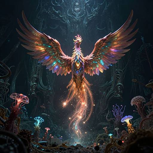 Digital art of a radiant, multicolored phoenix with glowing wings and tail, soaring over a bioluminescent, alien forest filled with glowing mushrooms