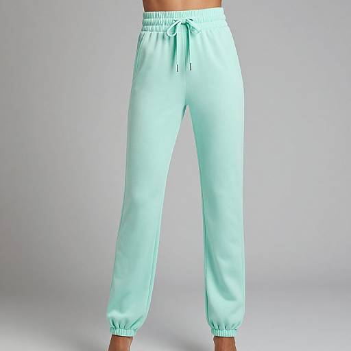 Photograph of light turquoise, drawstring, loose-fitting pants with slightly puffed legs, standing against a plain, gray background.