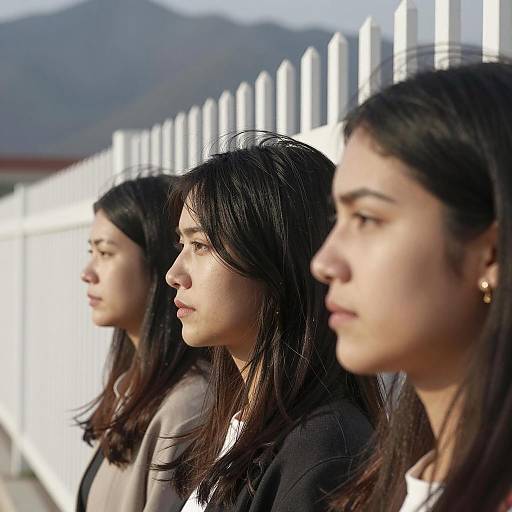 Three Women in Profile Near White Fence