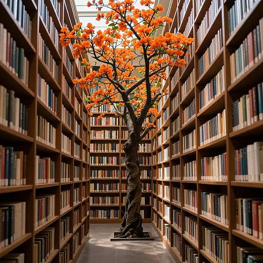 Surreal Library with Blossoming Tree