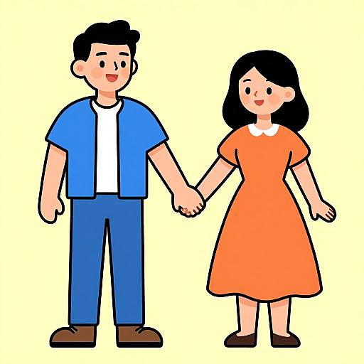 Cartoon-style drawing of a smiling couple holding hands; man in blue shirt, white tee, and blue pants; woman in orange dress and black shoes