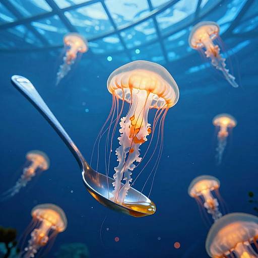 Photograph of glowing jellyfish with translucent orange bell and white tentacles, floating amidst a deep blue underwater scene, surrounded by a silver spoon.