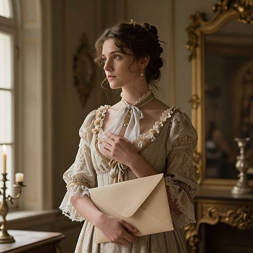 Photograph of a young woman with dark curly hair in an ornate, cream-colored Victorian dress holding an envelope, standing in a dimly lit,