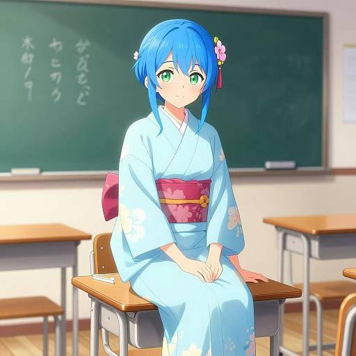 Blue-Haired Anime Girl in Kimono Classroom