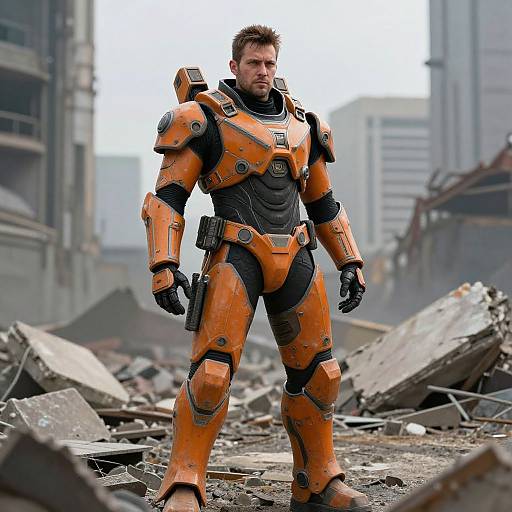 Photograph of a rugged, short-haired man in orange and black futuristic armor standing amidst a post-apocalyptic, rubble-strewn urban landscape.