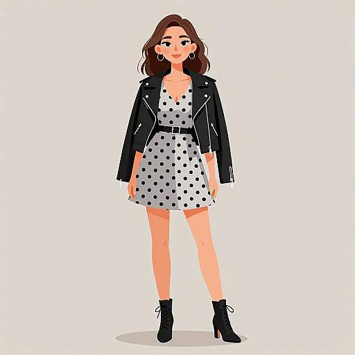 Digital illustration of a young woman with wavy brown hair, wearing a black polka dot dress, black leather jacket, and black ankle boots, standing