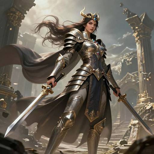 Digital art of a powerful, armored woman with long black hair, horns, and a flowing cape, wielding a sword in a ruined, sunlit temple