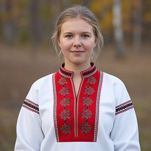 Photograph of a young, fair-skinned woman with light brown hair in a red and white embroidered traditional Polish folk dress, standing in a blurred autumn