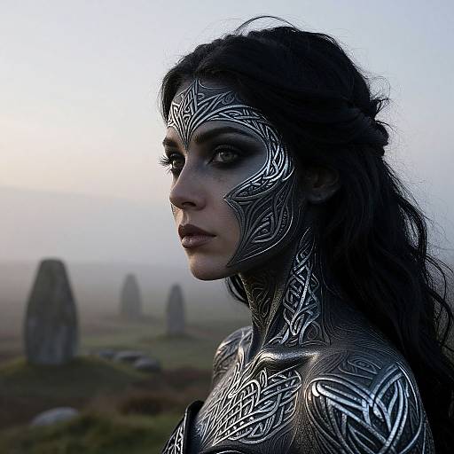 Photorealistic digital artwork of a dark-haired woman with intricate silver tribal patterns on her face and shoulders, set against a misty Stonehenge landscape