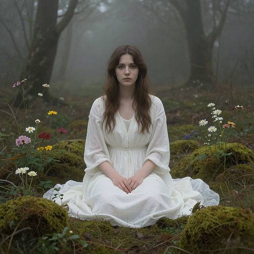 Photograph of a pale-skinned, dark-haired woman in a white, flowing dress, seated in a misty forest, surrounded by moss and colorful