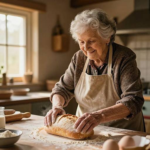 Photograph of an elderly white woman with curly white hair, wearing a brown sweater and beige apron, kneading bread in a sunlit, rustic