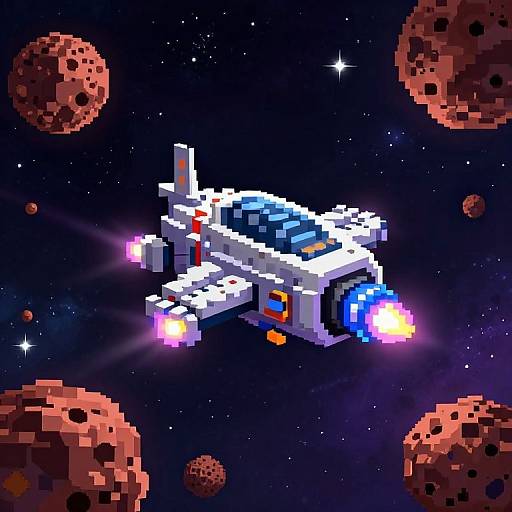 Pixel art of a white spaceship with blue and pink engines flying through a starry night sky with red, textured asteroids.