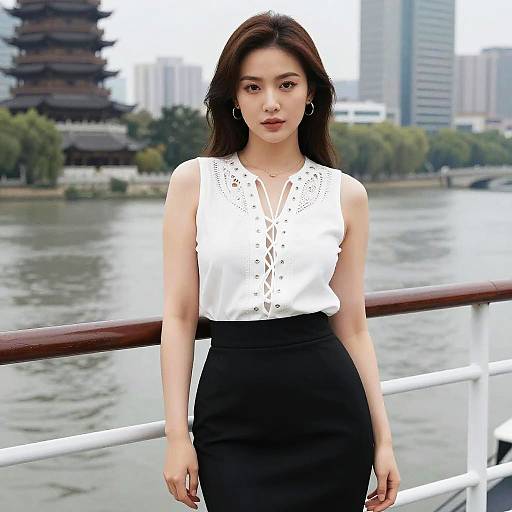 Photograph of an Asian woman with long dark hair, wearing a white lace blouse and black skirt, standing by a river with cityscape and traditional pag