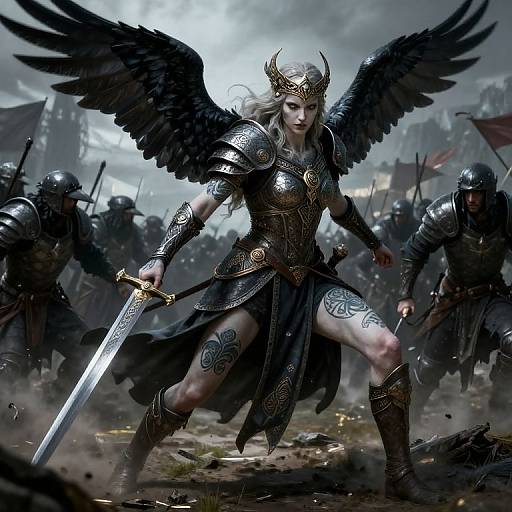 Digital fantasy artwork of a fierce, armored angel warrior with black wings, gold crown, and intricate tattoos, wielding a sword in a chaotic battlefield. Dark