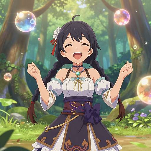Cheerful Anime Girl with Magical Orbs