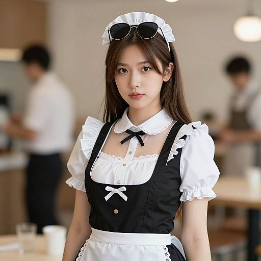 Photograph of an Asian woman in a black and white French maid outfit with a white apron and frilled sleeves, wearing black sunglasses on her head