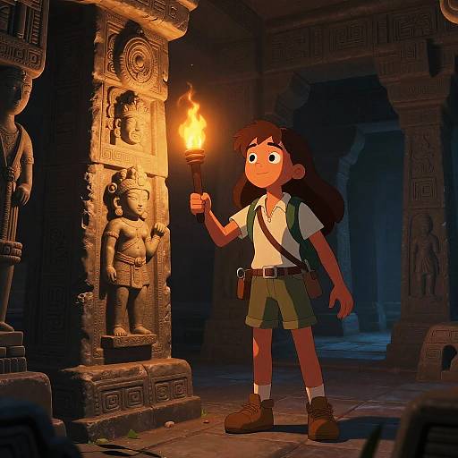 Cartoon-style image of a young girl with long brown hair holding a torch, standing in a dimly lit ancient stone temple, illuminated by the torch