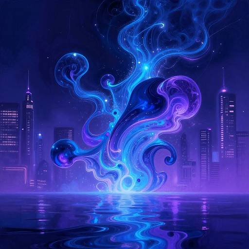 Digital artwork of a neon blue, swirling, ethereal energy blast emerging from a futuristic, purple-lit city skyline at night.