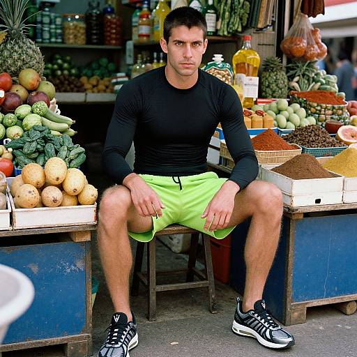Photograph of a serious-looking man with short dark hair, wearing a black long-sleeve shirt and neon green shorts, seated at a market stall