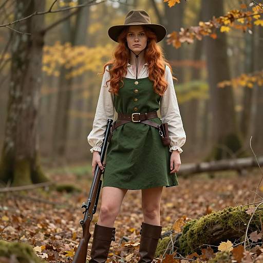 Woman in Hunter Costume Standing in Autumn Forest