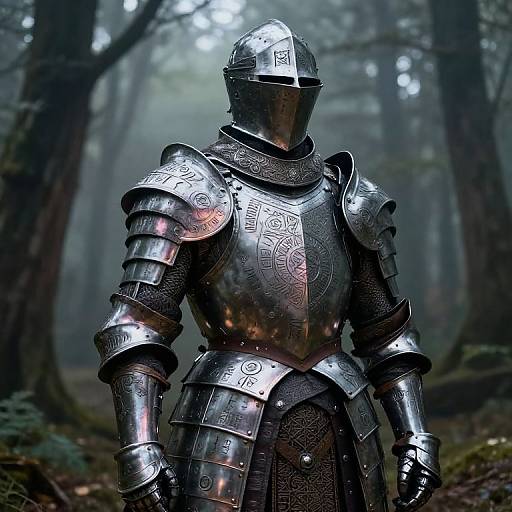 Photorealistic digital art: Medieval knight in detailed, reflective silver armor with intricate engravings, standing in a misty, dark forest.