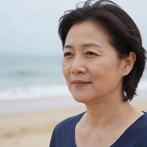 Photograph of an Asian woman with short black hair, wearing a navy blue shirt, standing on a sandy beach with a blurred ocean background, smiling softly