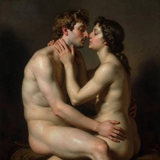 Digital painting of a nude, fair-skinned couple with curly hair, sitting intimately, about to kiss, glistening skin, dark background.