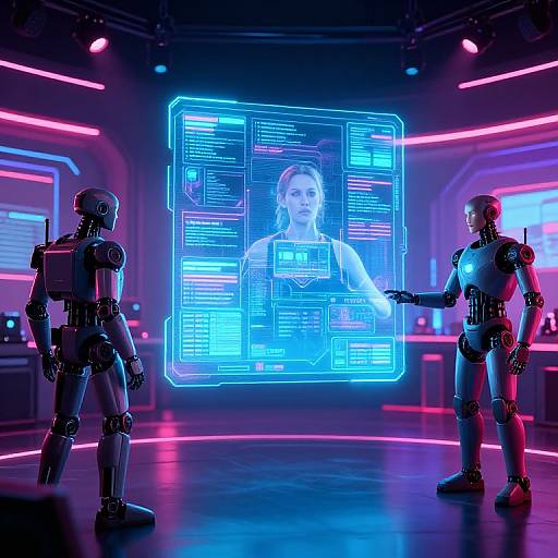 Photograph of two futuristic robotic humans facing a holographic screen displaying a blonde woman's face, surrounded by neon blue and pink lights in a sci-fi