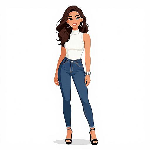Digital illustration of a stylish woman with long dark hair, wearing a white sleeveless top, blue high-waisted jeans, black heels, and hoop